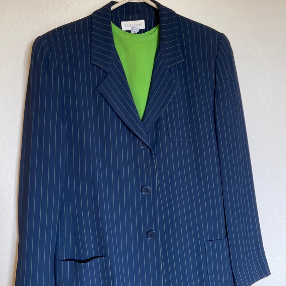 Kate Landry navy lime pinstripe 3 piece suit Designer quality. Size 10